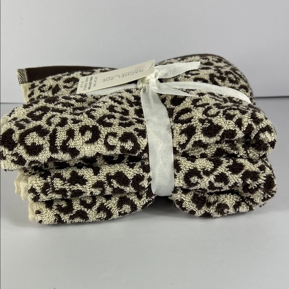 2 Pc Rachel Zoe Leopard Cheetah Animal Print Bath Hand Towels 100% Cotton NEW